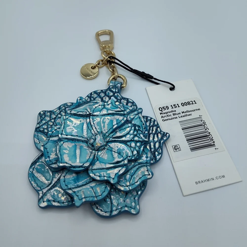 BRAHMIN 3D Magnolia Leather Keychain Charm Arctic Blue Melbourne New With Tags